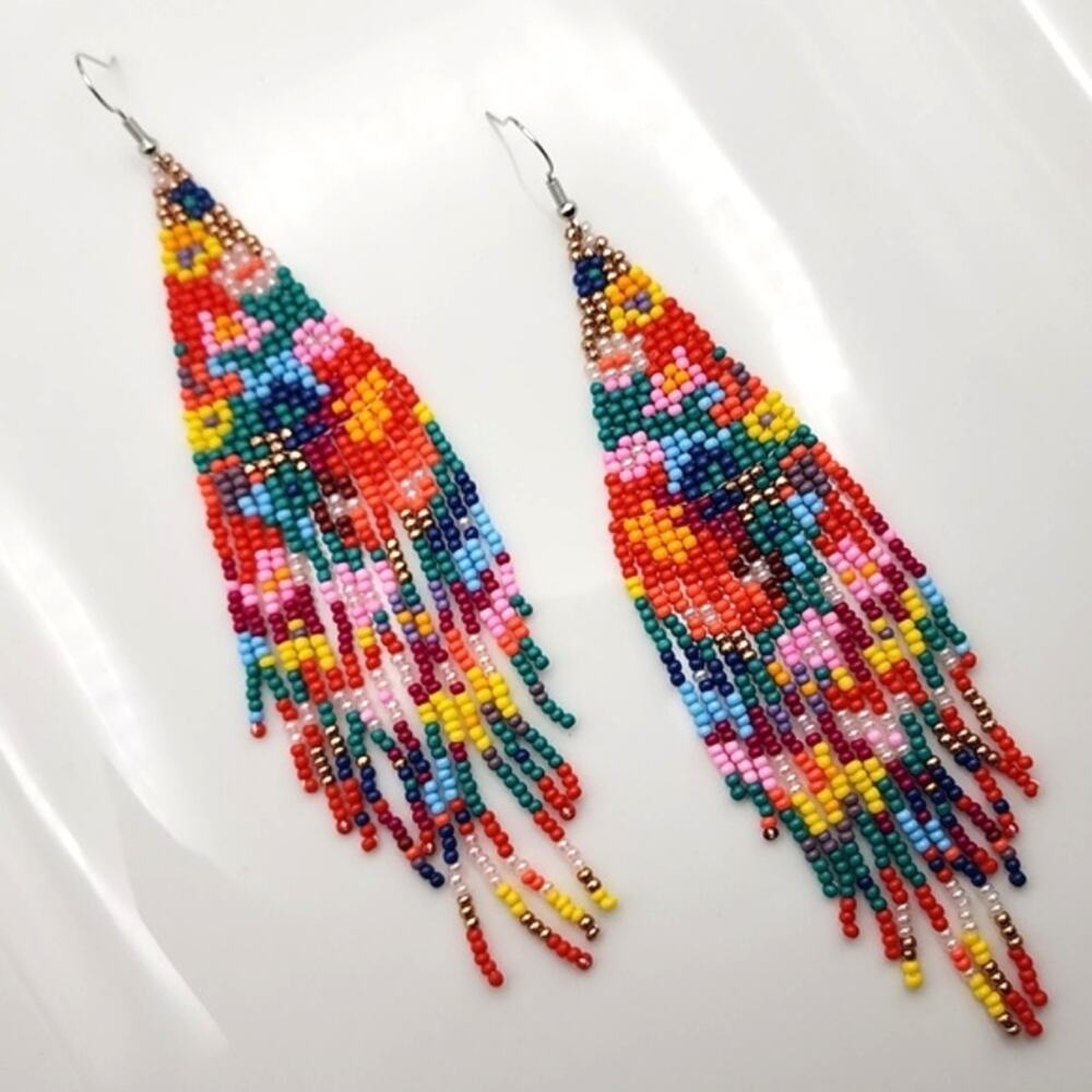 Artisan Mosaic Floral Beaded Multicolor Boho Fringe Earrings - Picture 2 of 3